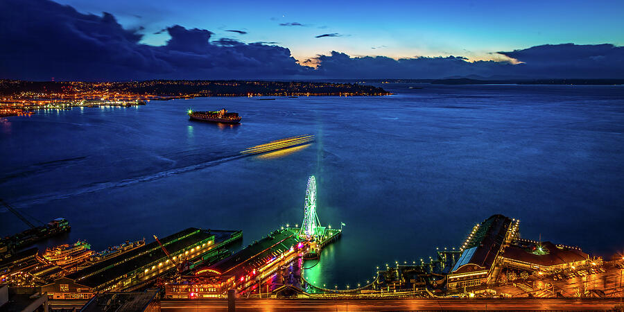 Nightfall on Seattle Waterfront Washington Photograph by Tommy Farnsworth