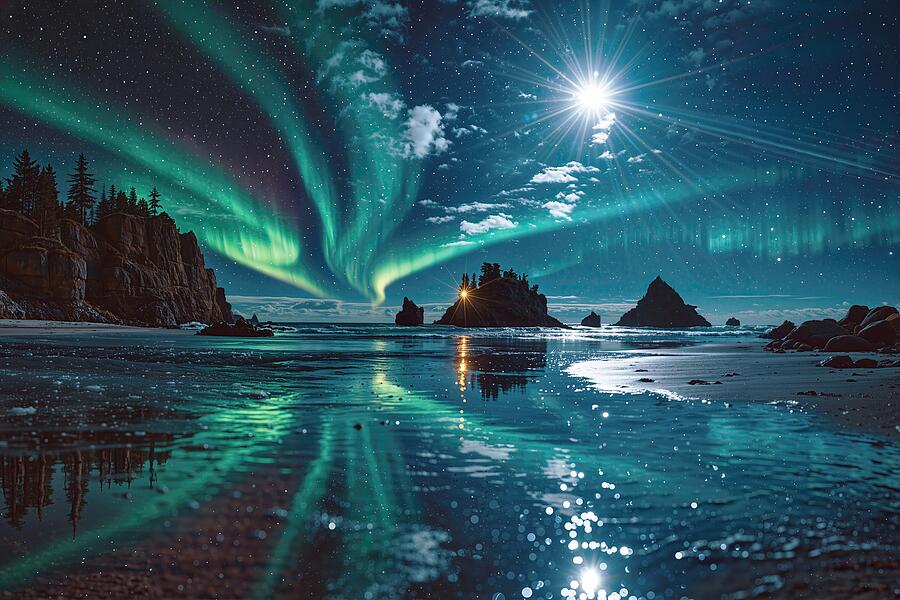 Northern lights 水の結晶 Northern Lights Aurora Borealis over the Mountain Lake- OA05518 by