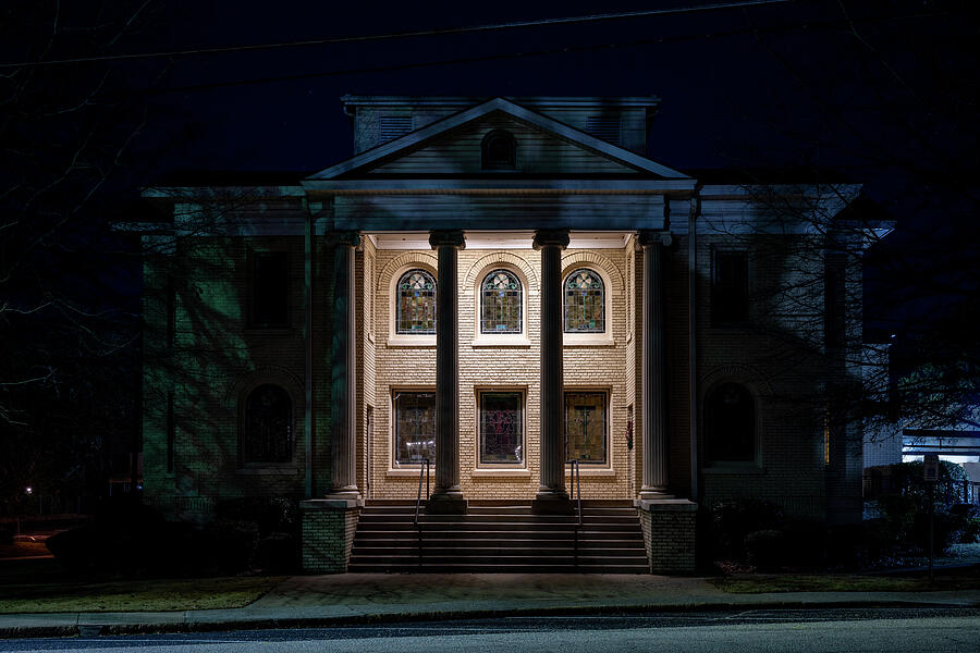 Illuminated Historic Building at Night Photograph - Northport Baptist Church - without light trails by Jeremy Butler