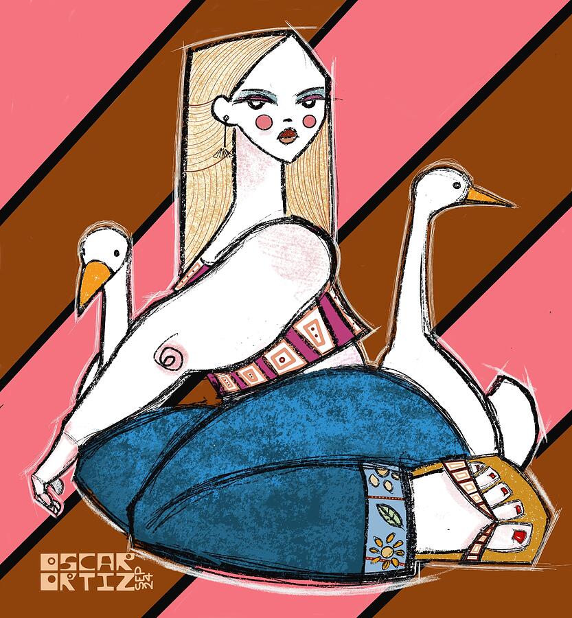 Woman with Ducks on Diagonal Stripes Digital Art - Of All Places, Riga by Oscar Ortiz