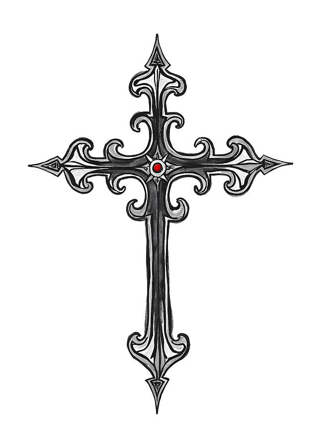 Ornate Silver Jeweled Cross Sketch Digital Art by Reeves Abram - Pastor Reeves Studio - Metal Posters