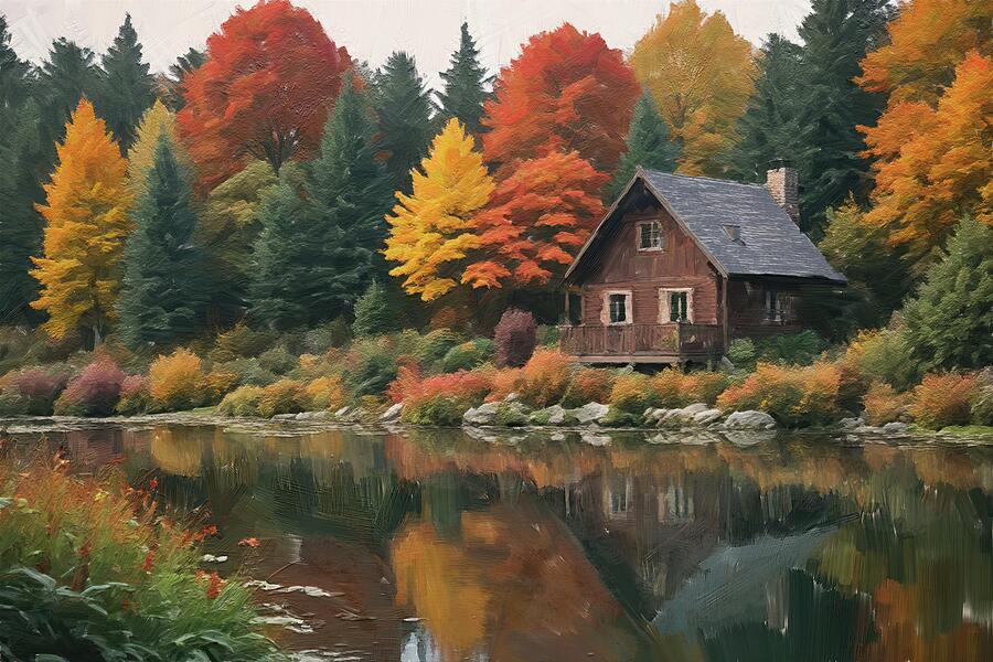 Autumn Cabin Painting Digital Art by Nature Oil Painting