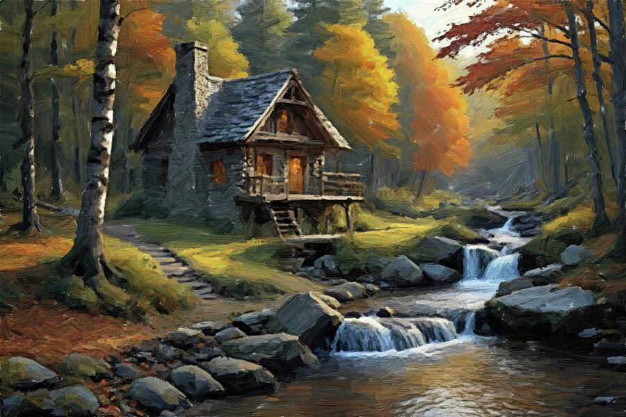 Cabin Painting Oil on Canvas Digital Art by Nature Oil Painting