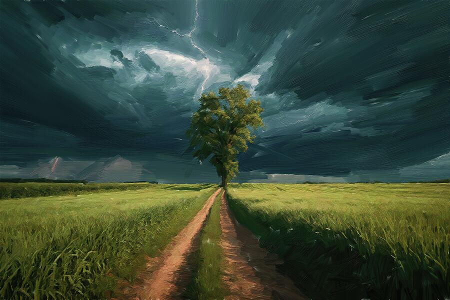 Painting of a dramatic farm stormy sky Digital Art by Nature Oil Painting