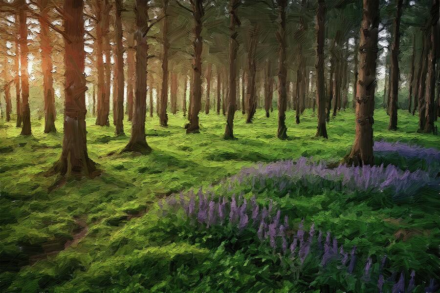 Painting of a mystical forest at dusk Digital Art by Nature Oil Painting