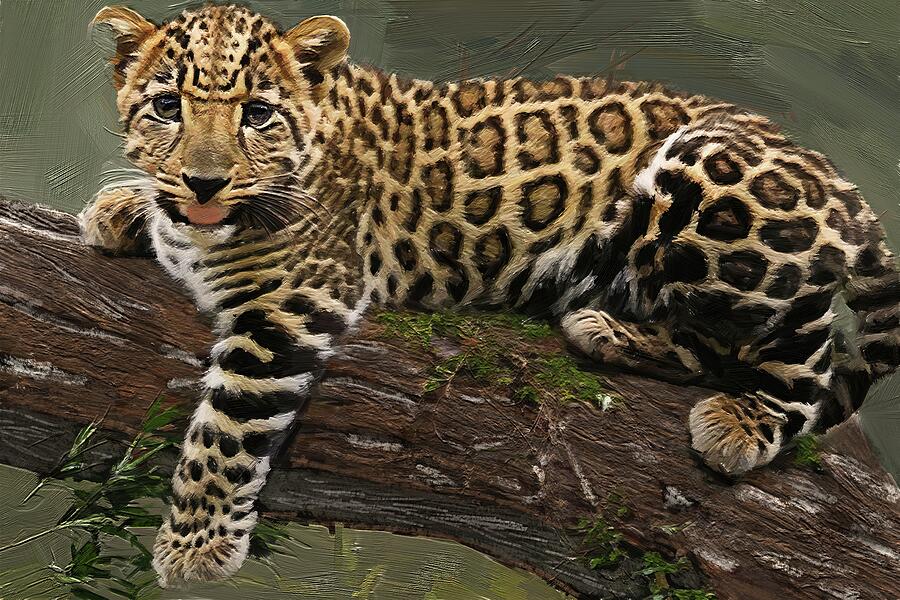 Painting of a relaxing baby leopard Digital Art by Nature Oil Painting