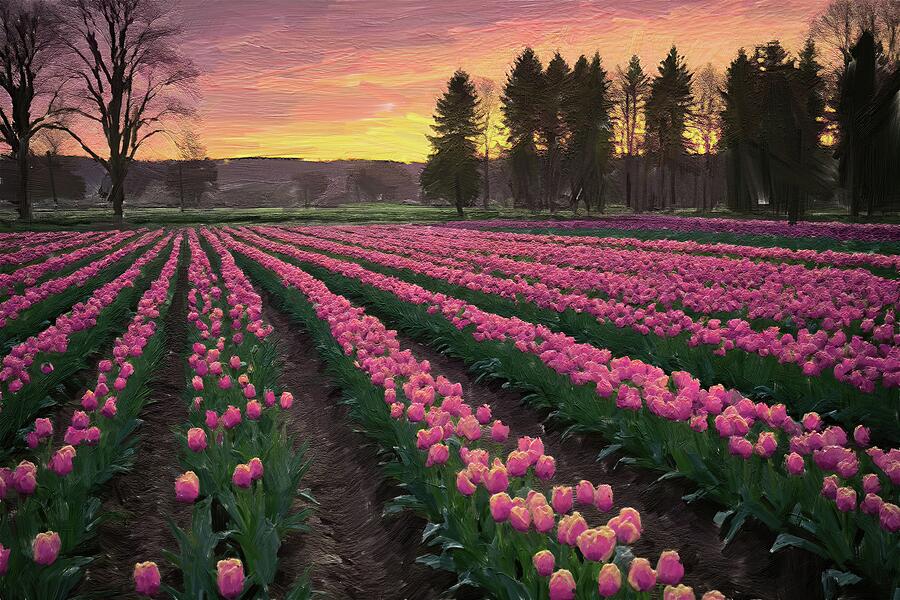 Painting of a vibrant tulip field Digital Art by Nature Oil Painting