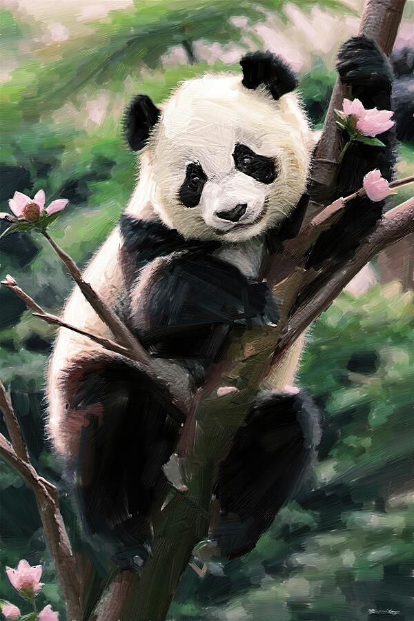 Painting of cute panda in the tree branch Digital Art by Nature Oil Painting