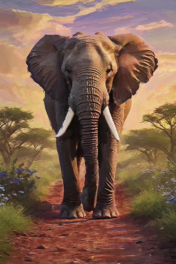 Painting of gentle elephant in the savannah africa Digital Art by Nature Oil Painting
