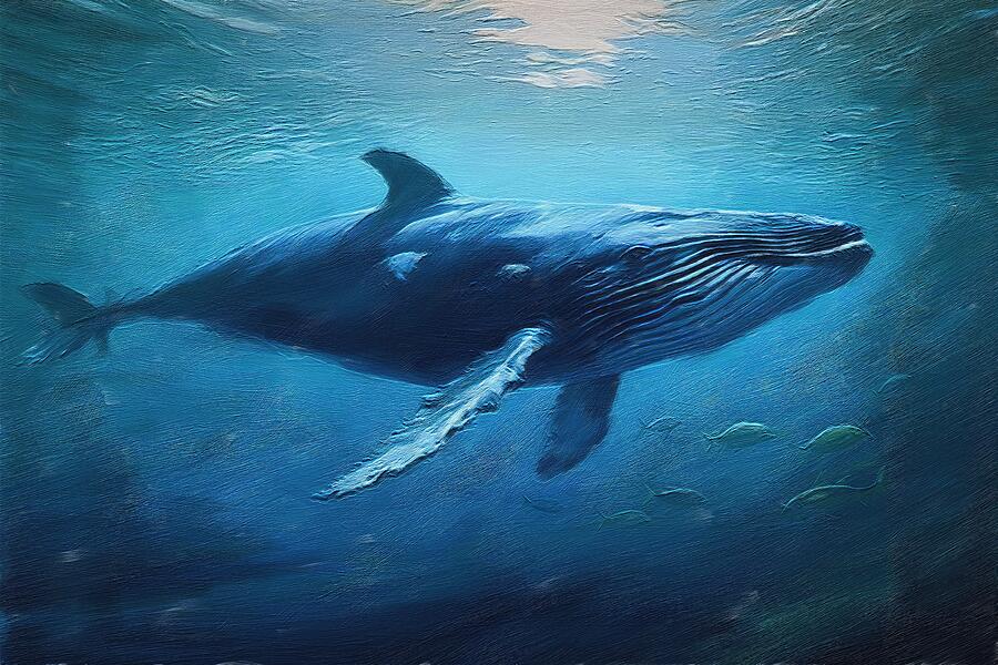 Painting of majestic blue whale under the ocean Digital Art by Nature Oil Painting
