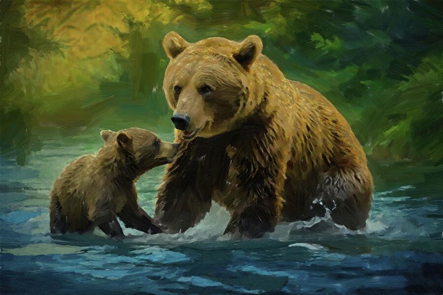 Painting of playful mama bear and cub Digital Art by Nature Oil Painting