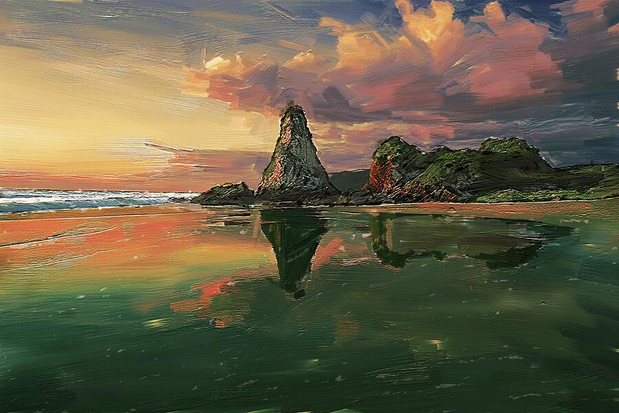 Painting of wonderful sea stacks rocks Digital Art by Nature Oil Painting