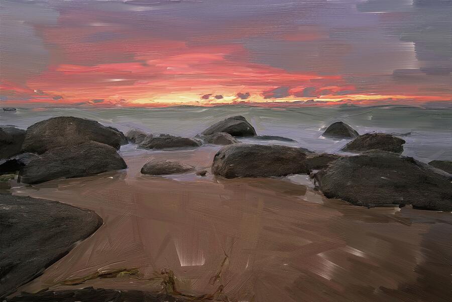 Paintings of enchanting beach rocks Digital Art by Nature Oil Painting