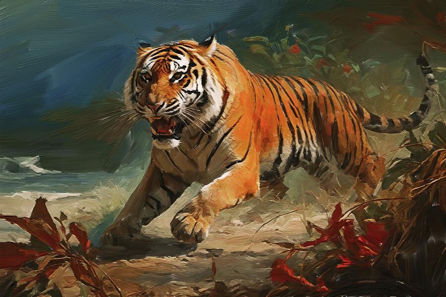 Painting of fierce tiger beside the river Digital Art by Nature Oil Painting
