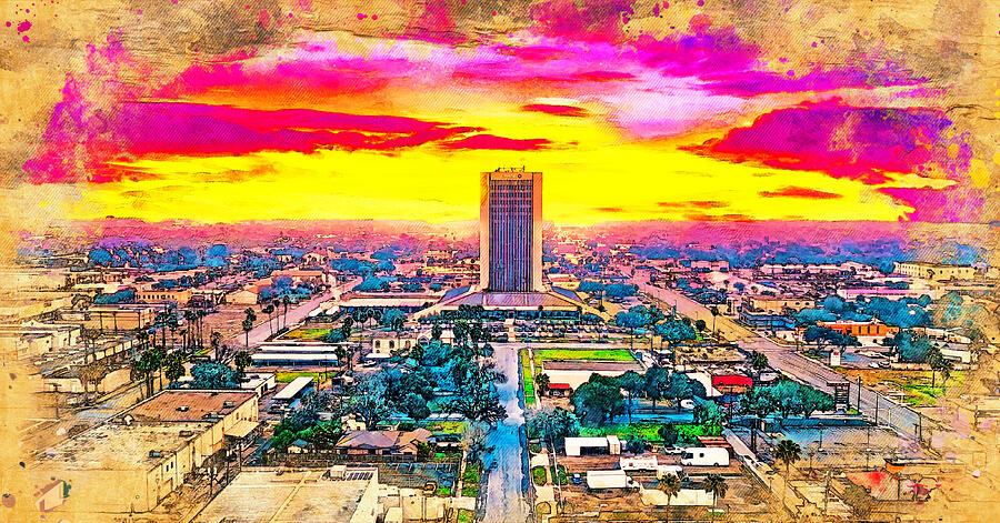 Panorama of downtown McAllen, Texas, at sunset - digital painting Digital Art by Nicko Prints