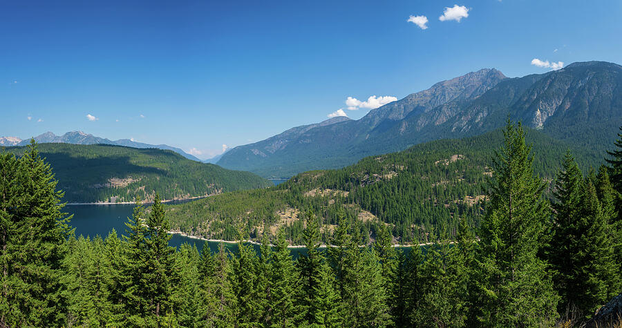 Mountainous Landscape with Pine Forest Photograph - Panoramic view of Ross Lake in the North Cascades National Park by Steven Heap