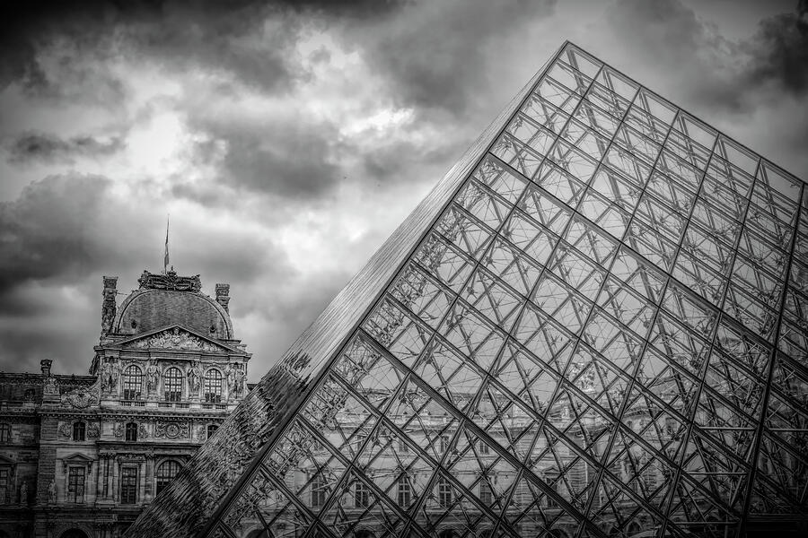 Paris, France - Louvre Pyramid and Historic Palace in Black and White by John Twynam