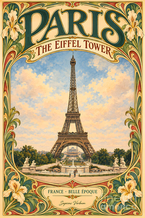 Paris, The Eiffel Tower and the Trocadéro: Art Nouveau vintage travel poster by Sapiens Verbum
