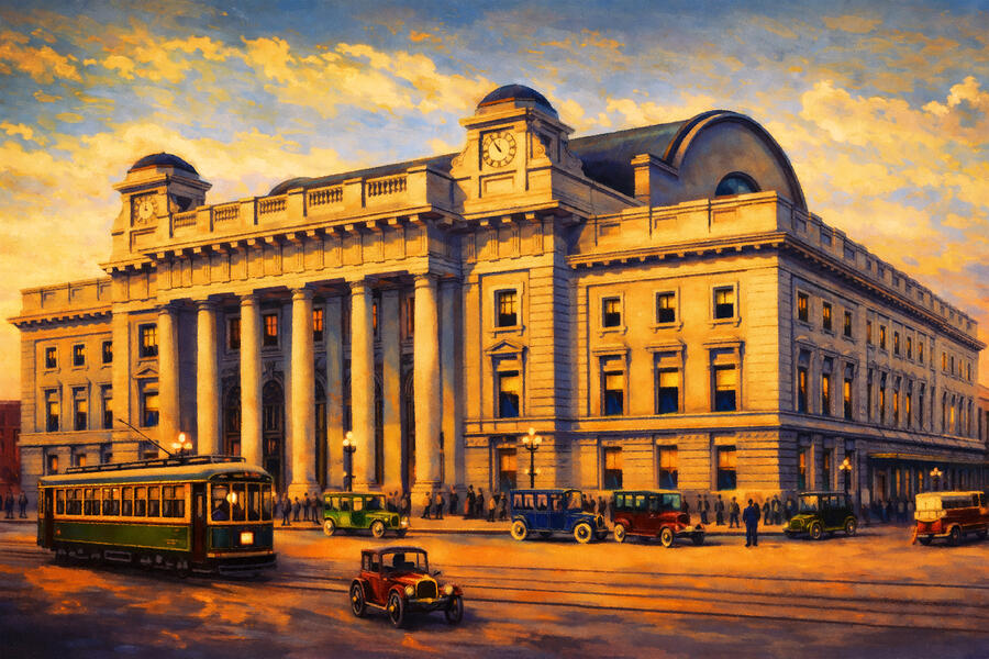 Historic Train Station at Sunset Digital Art - Passenger terminal, Chicago and North Western Railway in the 1920s - digital painting by Nicko Prints