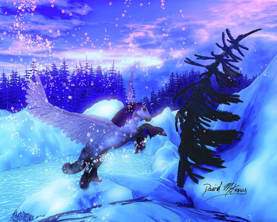 Flying Horse Pegasus Beautiful Snowy Landscape Digital Art by David McKinney
