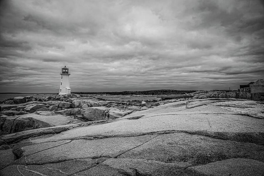 Lighthouse on a Rocky Shore Photograph - Peggys Cove Lighthouse, Nova Scotia 3 BW by John Twynam