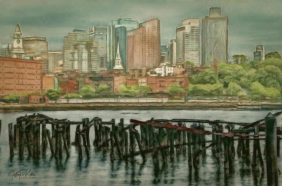City Skyline with Waterfront Painting - Pier Posts Boston by Jeffrey Kolker