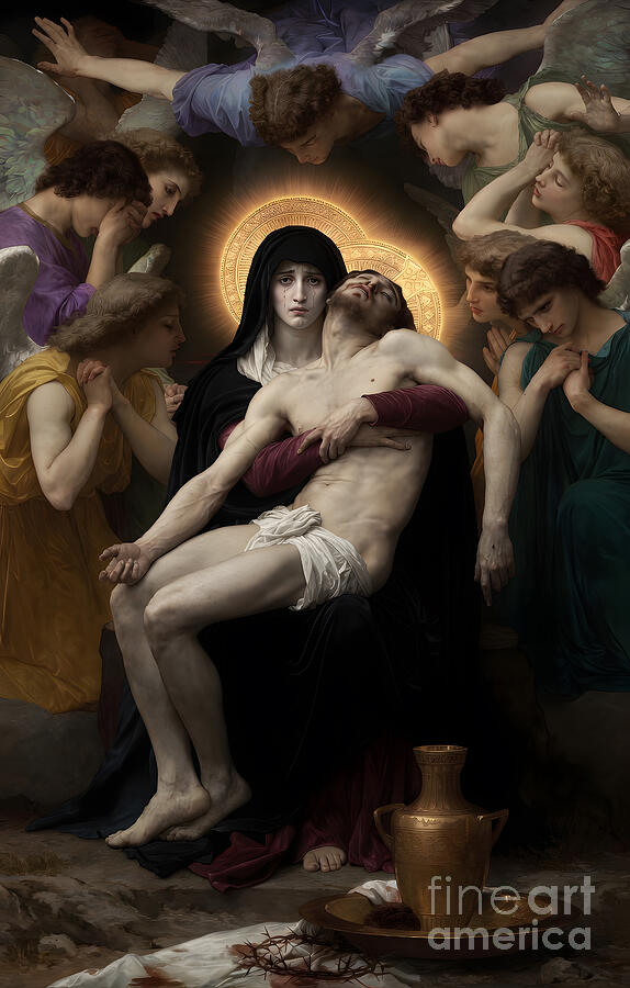 William-Adolphe Bouguereau, Pieta, 1876: the Virgin in a black cloak holds the dead Christ across her lap, surrounded by mourning angels in robes of many colours, with an urn and the crown of thorns below