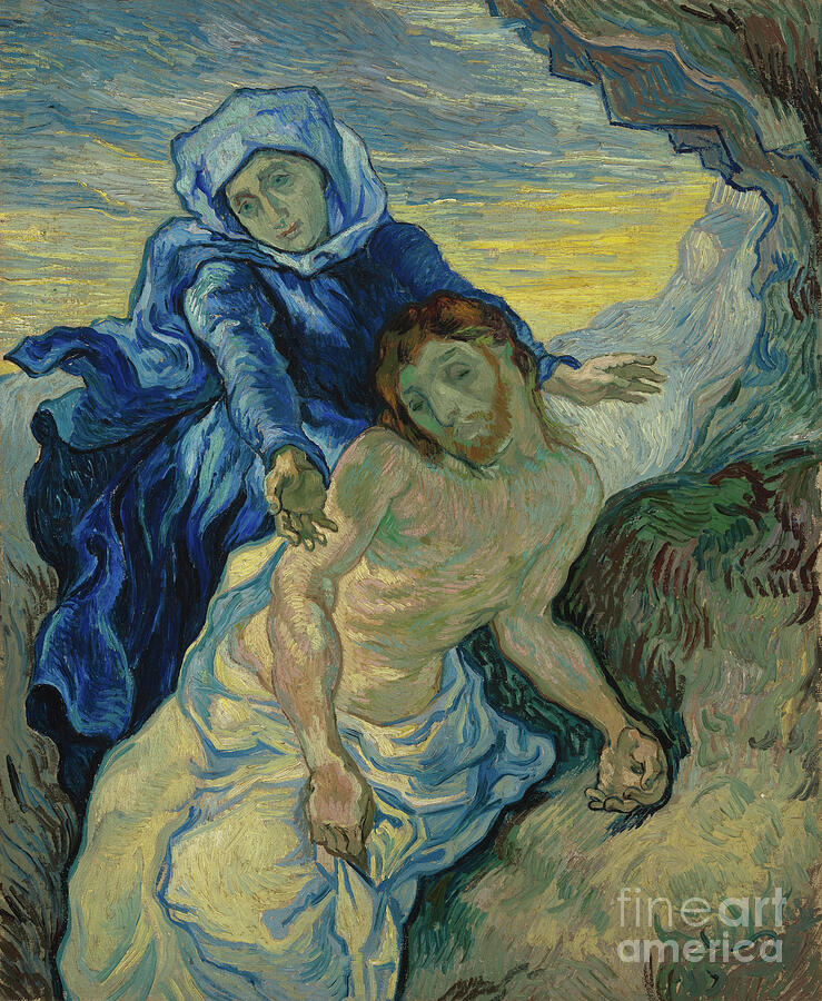 Vincent van Gogh, Pietà (after Delacroix), 1889: the Virgin in a blue cloak opens her arms above the dead Christ, who lies against her with red hair and beard, at the mouth of a cave under a yellow and violet sky