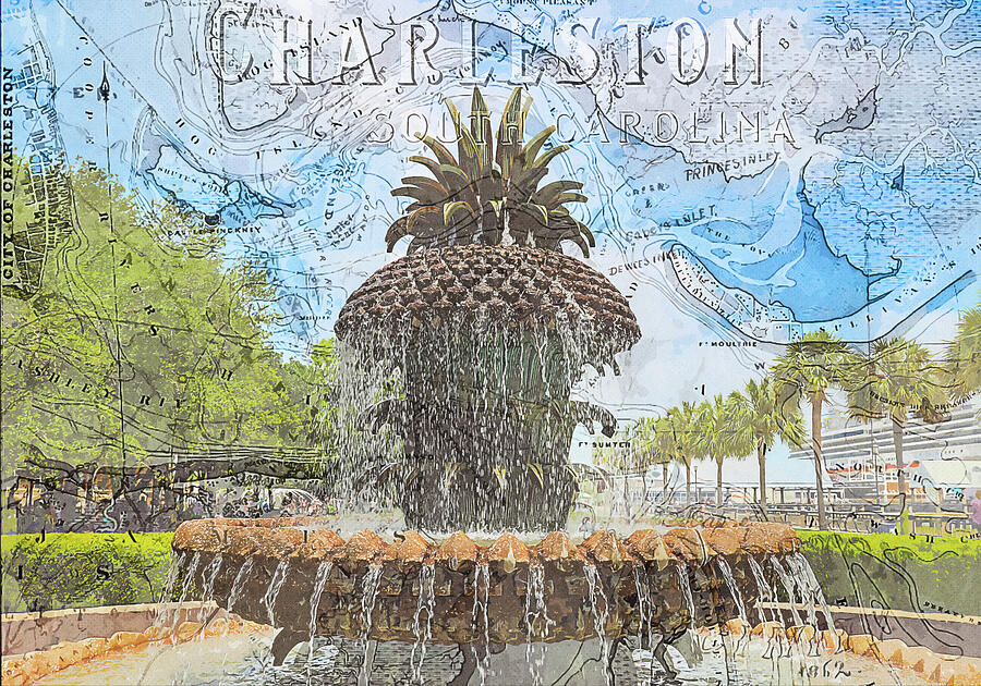 Pineapple Fountain Charleston Map Mixed Media by Dan Sproul