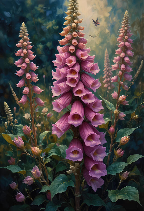 Enchanting Pink Foxgloves in Bloom Digital Art - Pink Foxgloves Wall Art Floral Oil Painting by Nature Oil Painting
