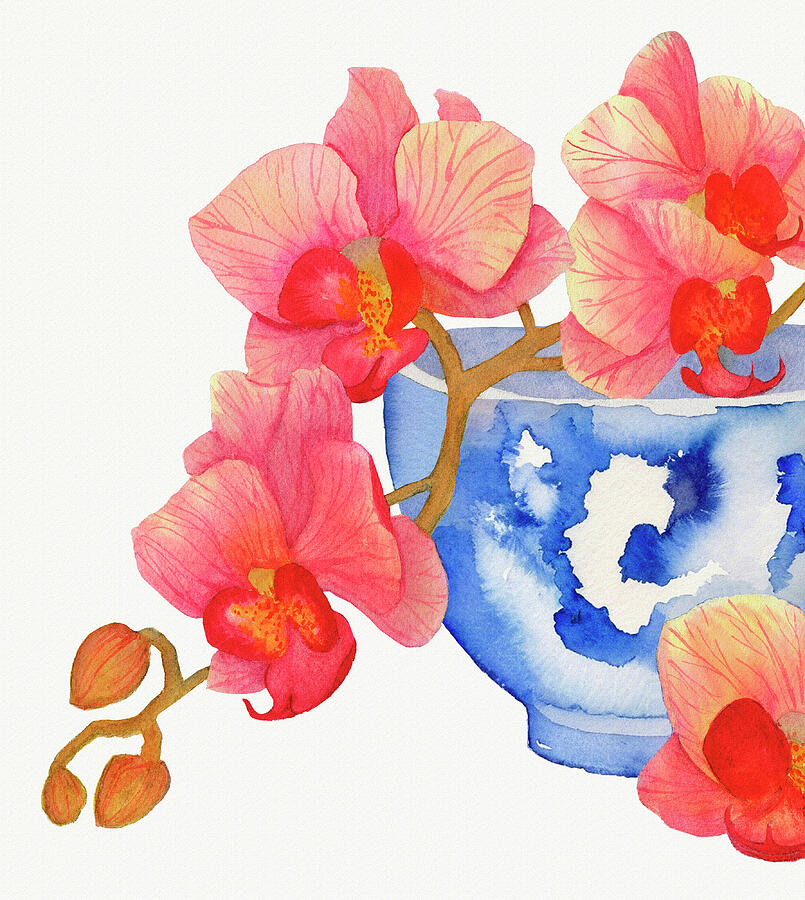 Pink Orchid Watercolor in Blue Chinoiserie Vase by Deborah League