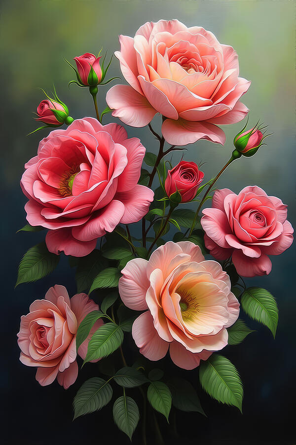 Elegant Pink Roses Bouquet Digital Art - Pink Roses Wall Art Floral Oil Painting by Nature Oil Painting