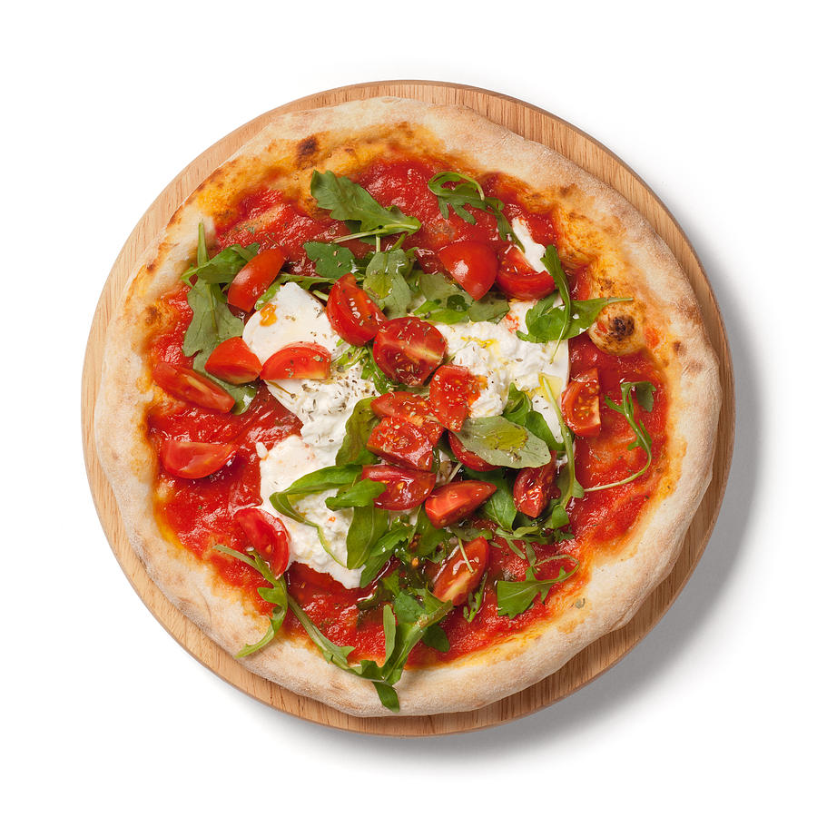 Pizza fresh tomatoes, arugula, burrata on wooden plate, white background Photograph by DarioEgidi