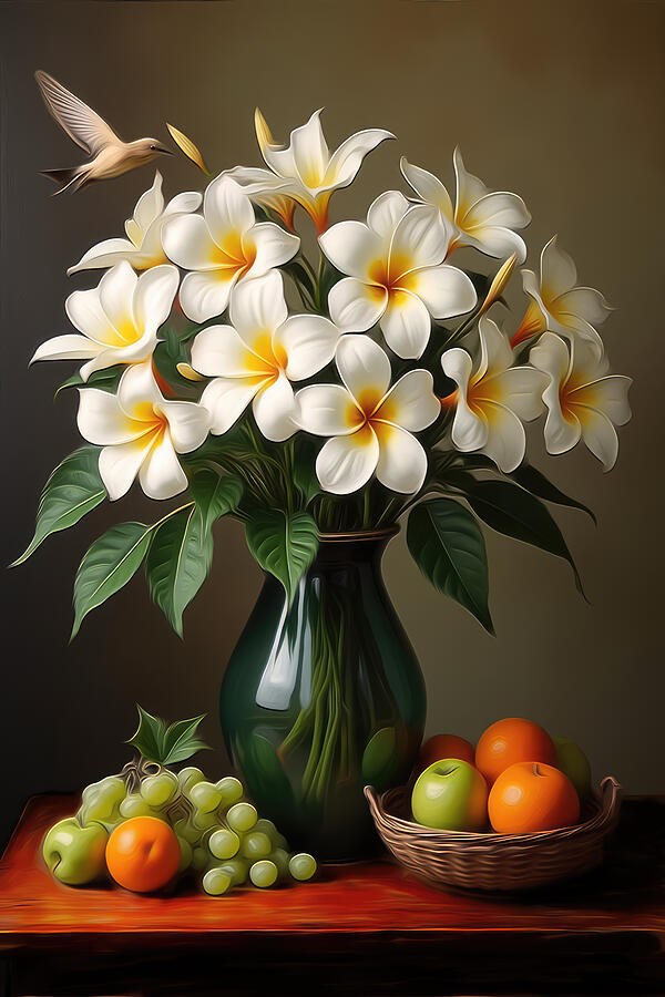 Vase of Lilies and Fruits Digital Art - Plumeria Wall Art Floral Still Life by Nature Oil Painting