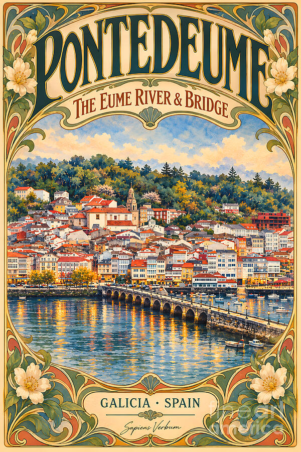 Pontedeume, The Eume River and Bridge: Art Nouveau vintage travel poster by Sapiens Verbum