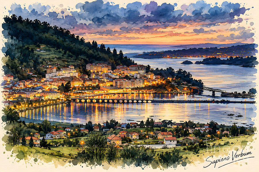 Pontedeume at sunset from Cabria Nogueirosa, watercolor plate with the stone bridge and estuary lights