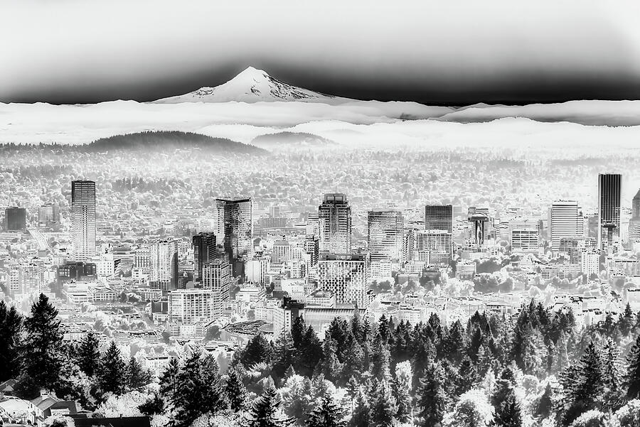 Monochrome Cityscape and Mountain View Digital Art - Portland Cityscape and Mountain View by Bruce Block