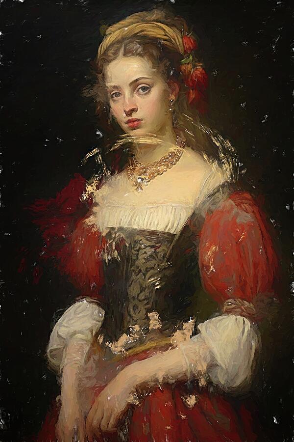 Elegant Woman in Red Gown Digital Art - Portrait of a Lady Renaissance Style by Nature Oil Painting