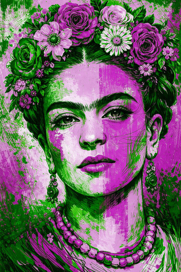 Frida Kahlo Vibrant Portrait Digital Art - Portrait of Frida Kahlo with a crown of flowers in green and magenta hues - modern style by Nicko Prints