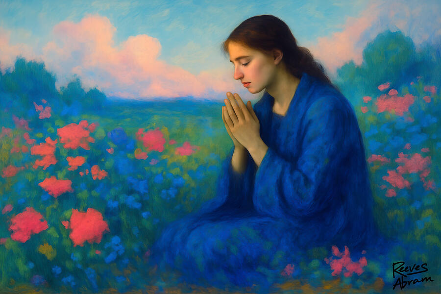 Praying Woman in Wildflowers Digital Art by Reeves Abram - Pastor Reeves Studio - Metal Posters