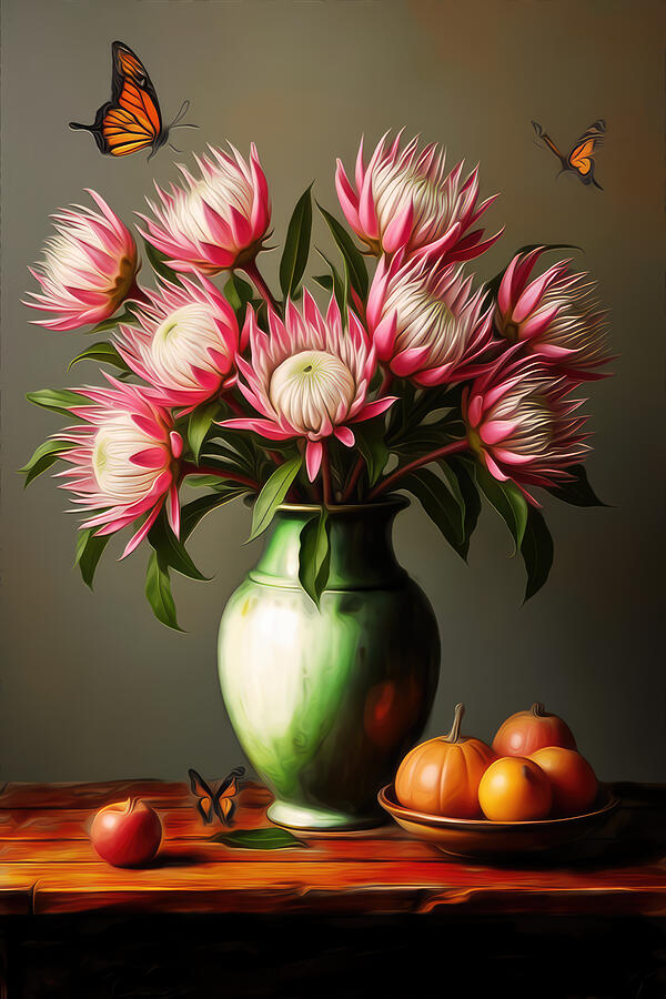 Vase of Pink Proteas Digital Art - Protea Wall Art Floral Still Life by Nature Oil Painting
