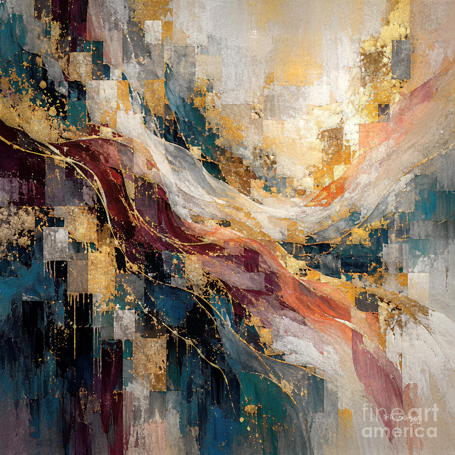 Abstract Gold and Color Flow Painting - Proverbs 31 25. She Is Clothed With Strength And Dignity. Proverbs 31 Woman Christian Wall Art by Mark Lawrence