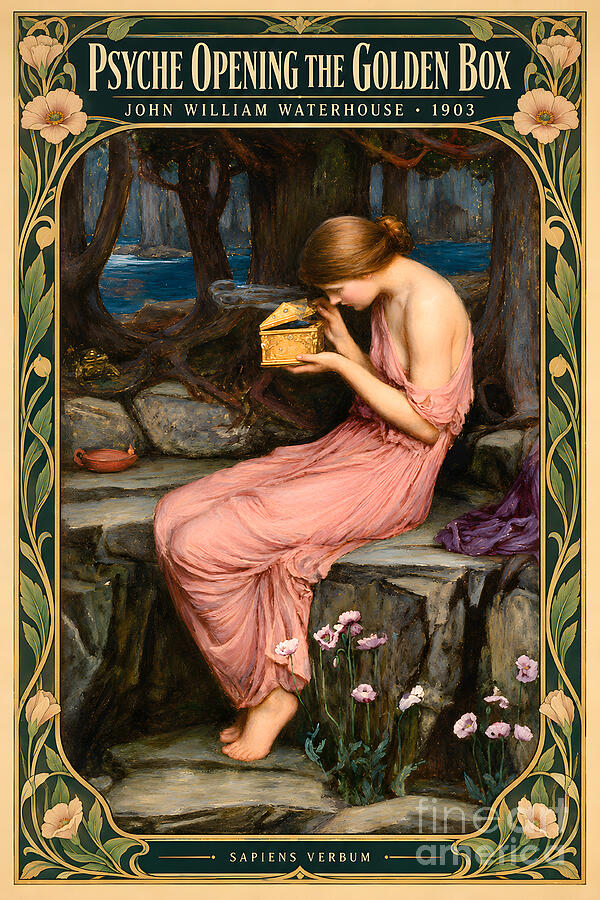 Psyche Opening the Golden Box after John William Waterhouse, reimagined as a vintage art poster by Sapiens Verbum