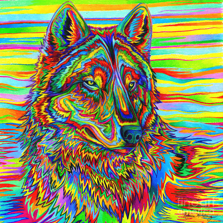 Vibrant Multicolored Wolf Drawing - Psychedelic Wolf by Rebecca Wang