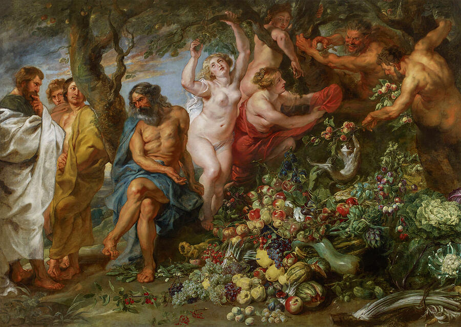 Mythological Gathering with Gods and Nymphs Painting - Pythagoras advocating vegetarianism by Peter Paul Rubens by The Luxury Art Collection