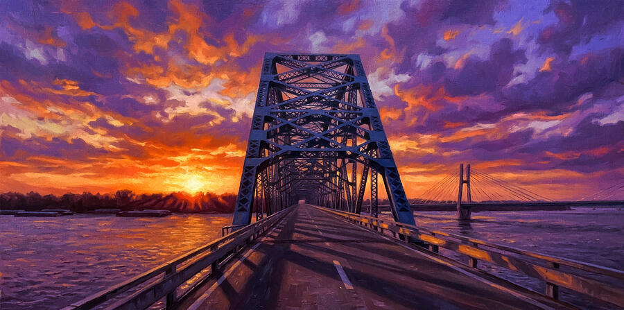 Quincy Memorial Bridge over the Mississippi River at sunset - oil