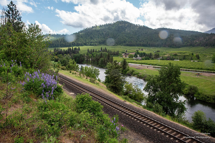 Mountain Valley Railway View Photograph - Railway River and Road with Raindrops by Tom Cochran