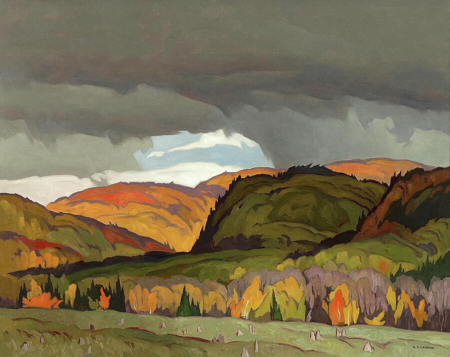 Rain clouds - Northern landscape with autumn woods by A. J. Casson Painting by Alfred Joseph A J Casson