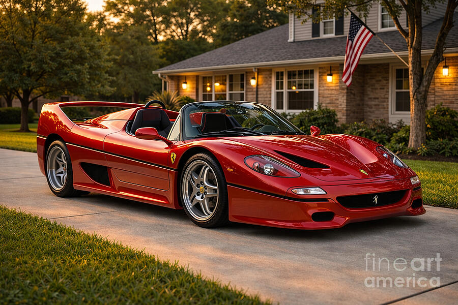 Red Ferrari Parked in Driveway Ai Art by Museum Of Exquisities - Metal ...