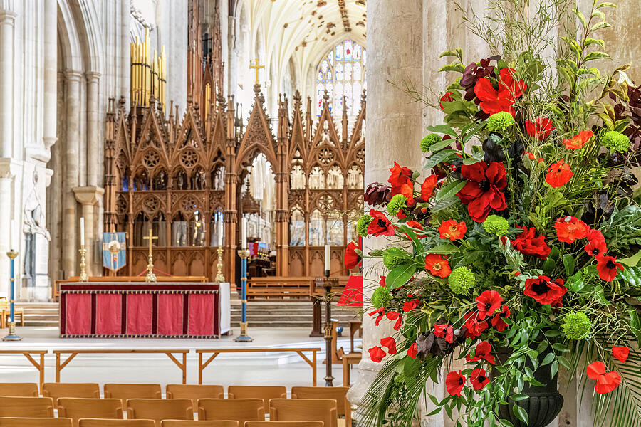Gothic Cathedral Interior with Floral Display Photograph - Remembrance Sunday at Winchester Cathedral by Shirley Mitchell
